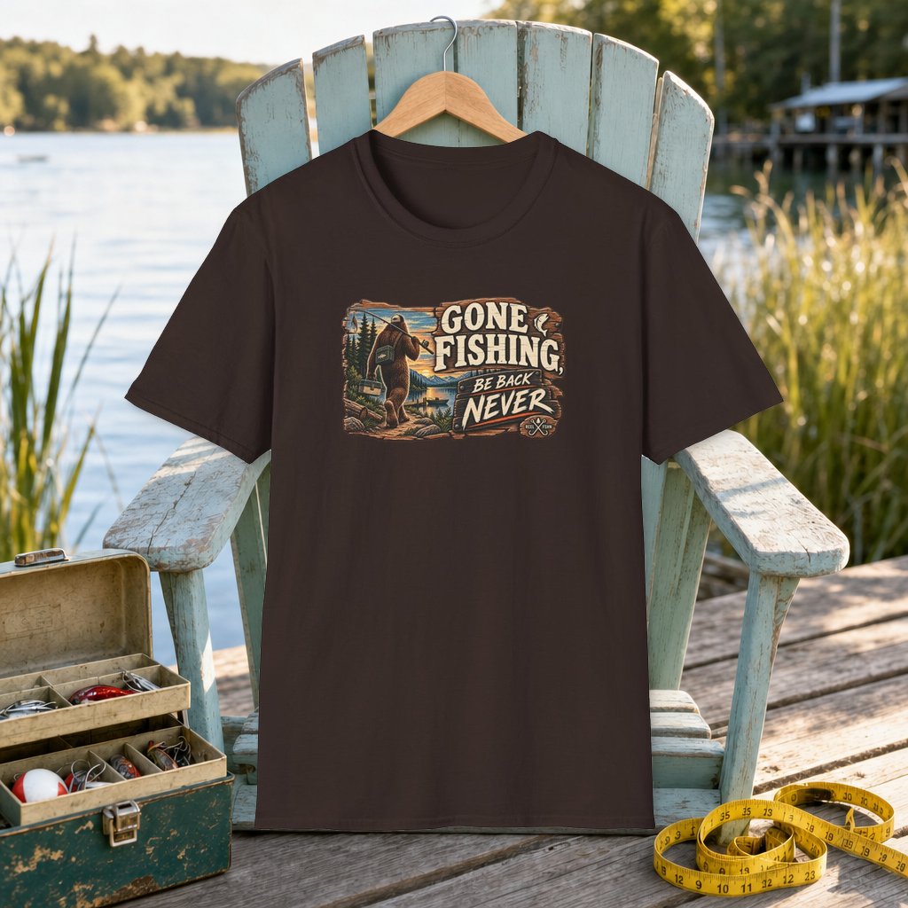 Gone Fishing. Be Back Never. T-Shirt on a hanger on a seafoam fishing chair beside a lake, tackle box, and measuring tape