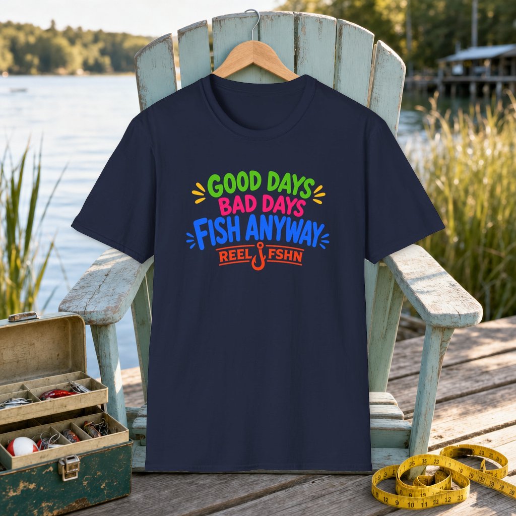 Good Days Bad Days Fish Anyway  T-Shirt on a hanger on a seafoam fishing chair beside a lake, tackle box, and measuring tape