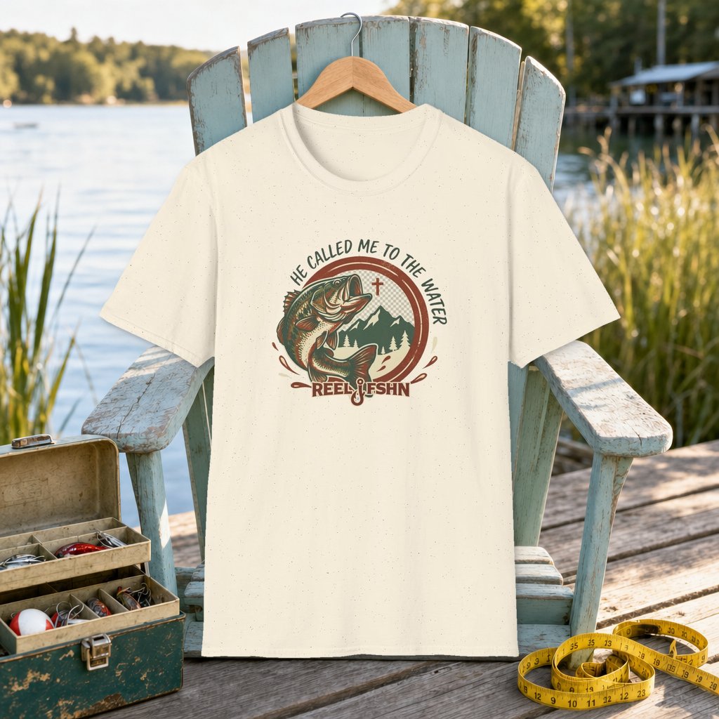 He Called Me To The Water T-Shirt on a hanger on a seafoam fishing chair beside a lake, tackle box, and measuring tape