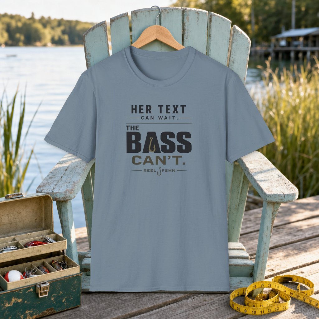 Her Text Can Wait The Bass Can't T-Shirt on a hanger on a seafoam fishing chair beside a lake, tackle box, and measuring tape