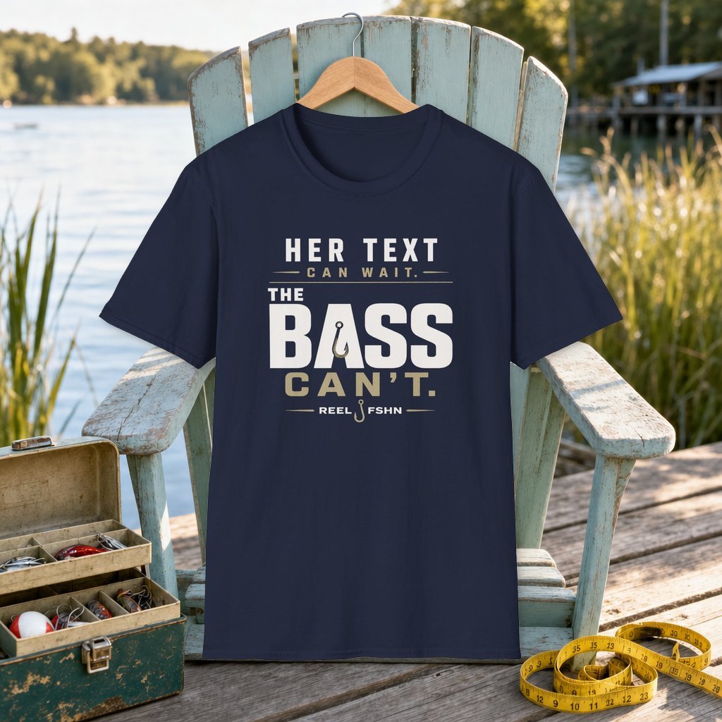 Her Text Can Wait The Bass Can't T-Shirt on a hanger on a seafoam fishing chair beside a lake, tackle box, and measuring tape