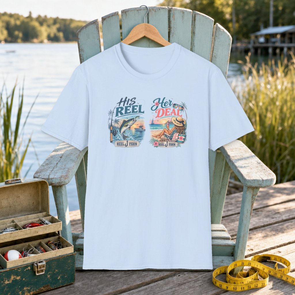 His REEL.  Her DEAL. T-Shirt on a hanger on a seafoam fishing chair beside a lake, tackle box, and measuring tape