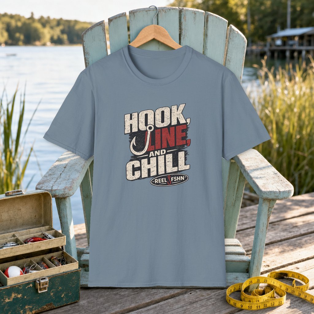 Hook Line & Chill T-Shirt on a hanger on a seafoam fishing chair beside a lake, tackle box, and measuring tape