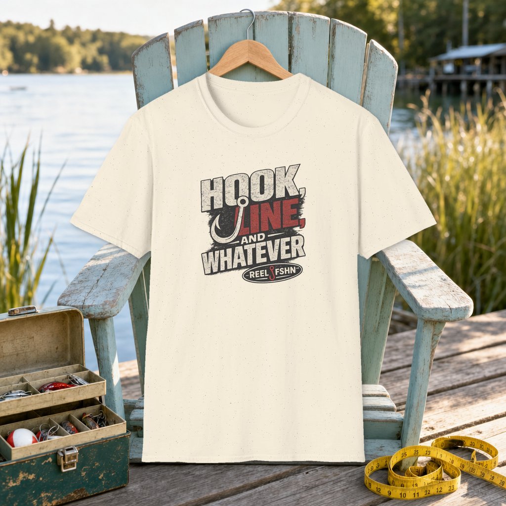 Hook, Line, & Whatever T-Shirt on a hanger on a seafoam fishing chair beside a lake, tackle box, and measuring tape