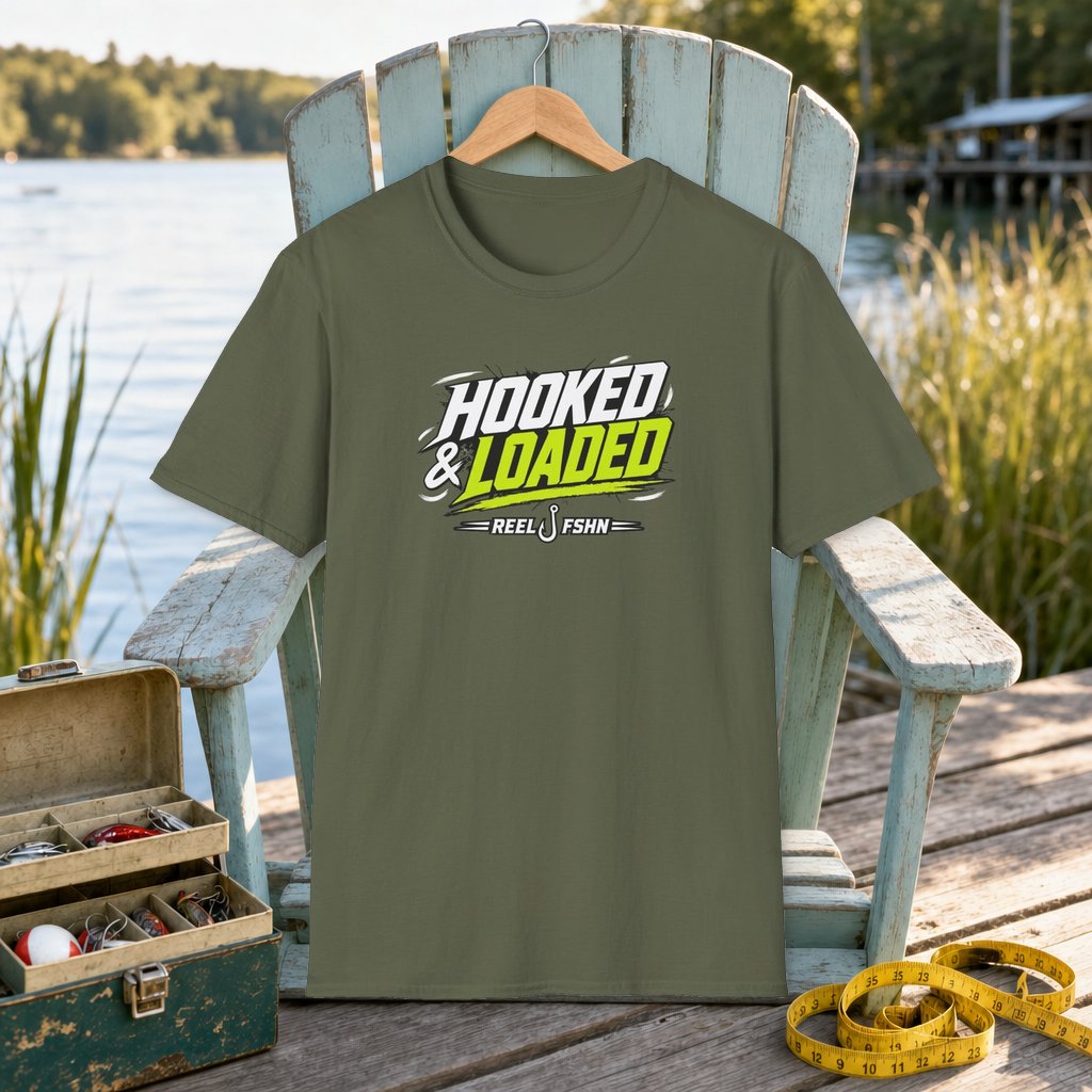 Hooke & Loaded  T-Shirt on a hanger on a seafoam fishing chair beside a lake, tackle box, and measuring tape