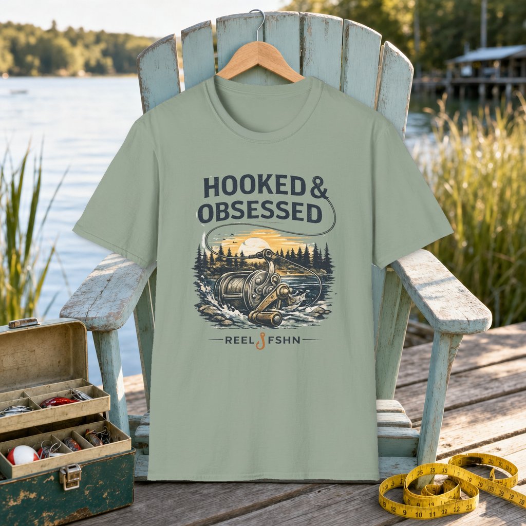 Hooked and Obsessed T-Shirt on a hanger on a seafoam fishing chair beside a lake, tackle box, and measuring tape