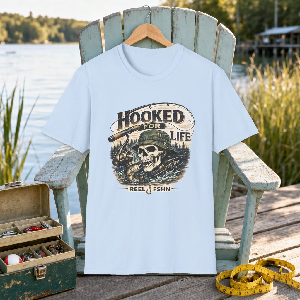 Hooked For Life T-Shirt on a hanger on a seafoam fishing chair beside a lake, tackle box, and measuring tape