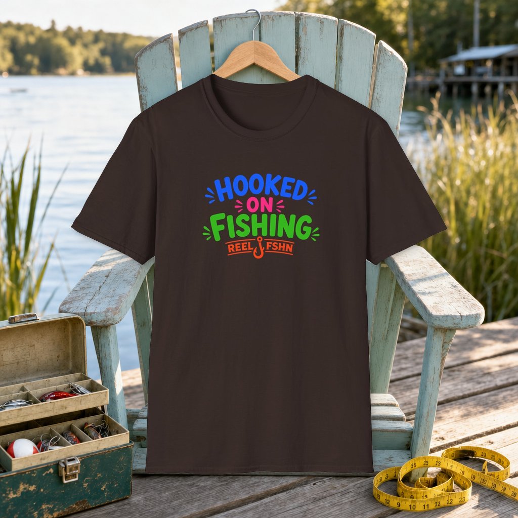 Hooked On Fishing  T-Shirt on a hanger on a seafoam fishing chair beside a lake, tackle box, and measuring tape