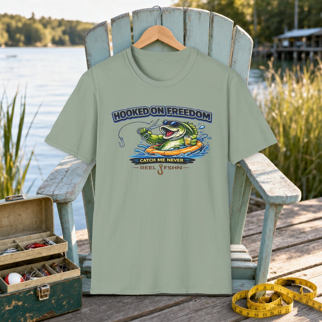 Hooked On Freedom Catch Me Never T-Shirt on a hanger on a seafoam fishing chair beside a lake, tackle box, and measuring tape
