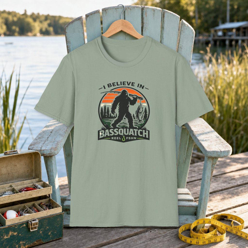 I Believe In Bassquatch T-Shirt on a hanger on a seafoam fishing chair beside a lake, tackle box, and measuring tape