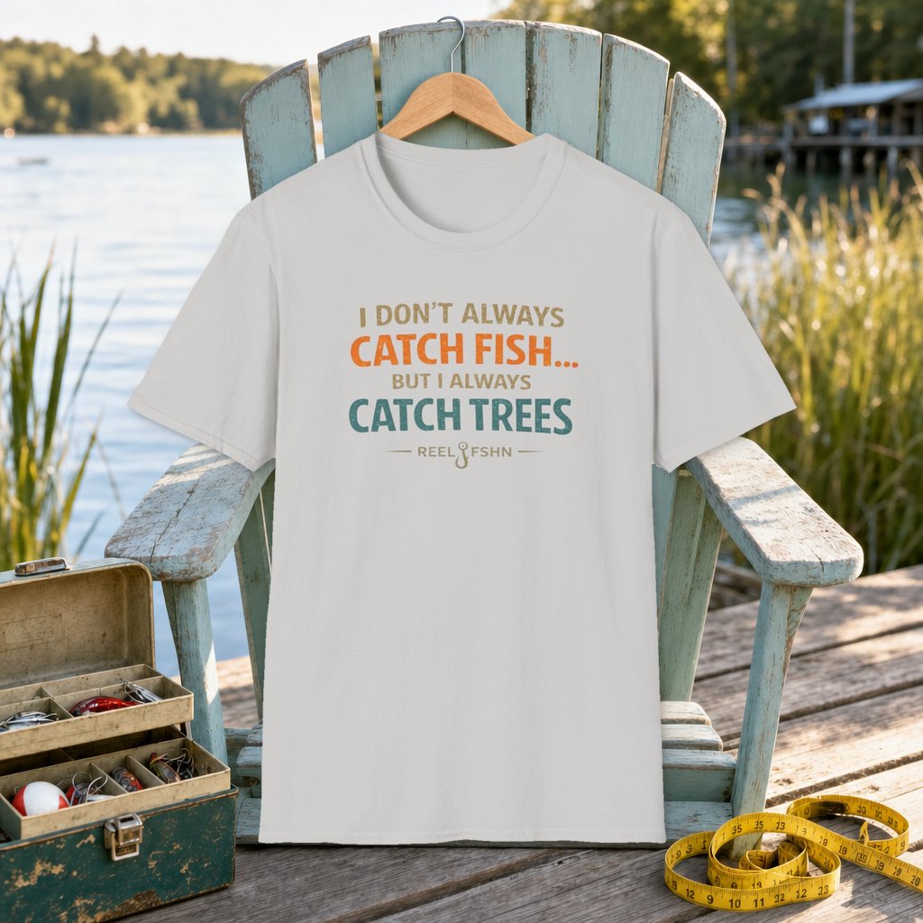 I Don't Always Catch Fish, But I Always Catch Trees T-Shirt on a hanger on a seafoam fishing chair beside a lake, tackle box, and measuring tape
