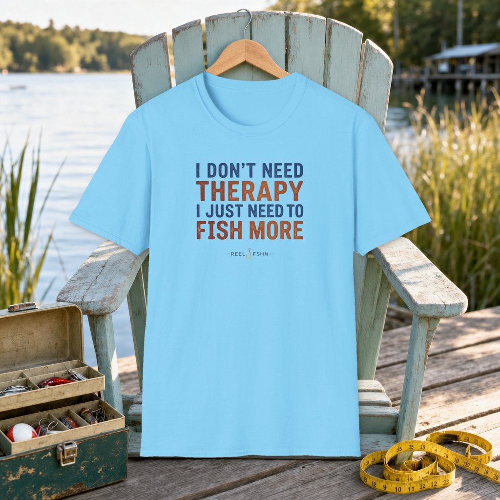 I Don't Need Therapy I Just Need To Fish More T-Shirt on a hanger on a seafoam fishing chair beside a lake, tackle box, and measuring tape
