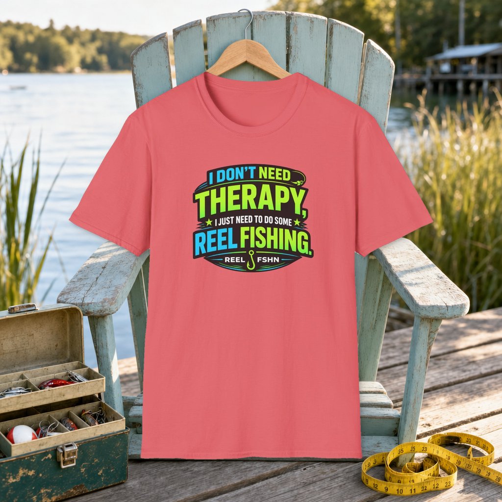 I Don't Need Therapy T-Shirt on a hanger on a seafoam fishing chair beside a lake, tackle box, and measuring tape