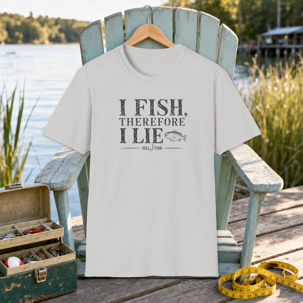 I Fish Therefore I Lie T-Shirt on a hanger on a seafoam fishing chair beside a lake, tackle box, and measuring tape