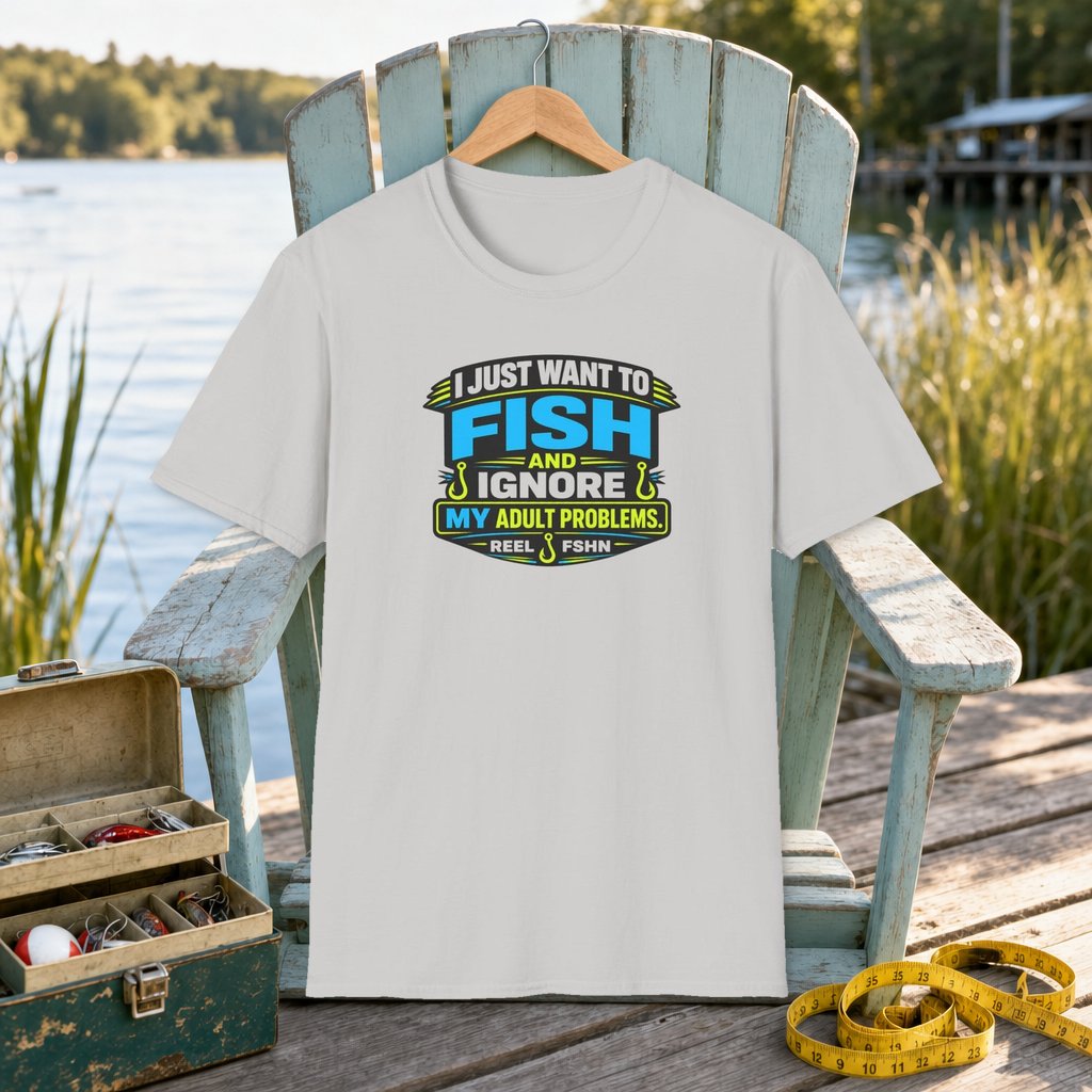 I Just Want To Fish & Ignore My Adult Problems T-Shirt on a hanger on a seafoam fishing chair beside a lake, tackle box, and measuring tape