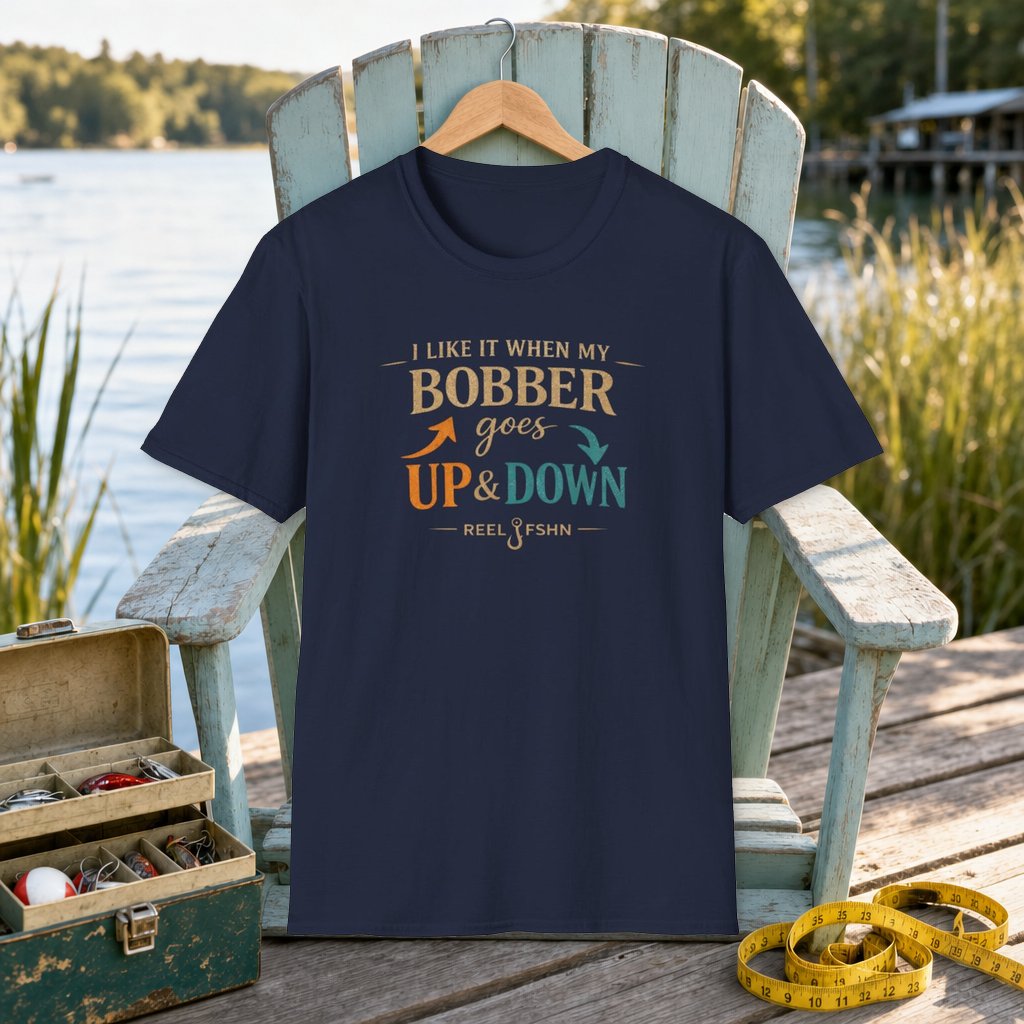 I Like It When My Bobber Goes Up & Down  T-Shirt on a hanger on a seafoam fishing chair beside a lake, tackle box, and measuring tape