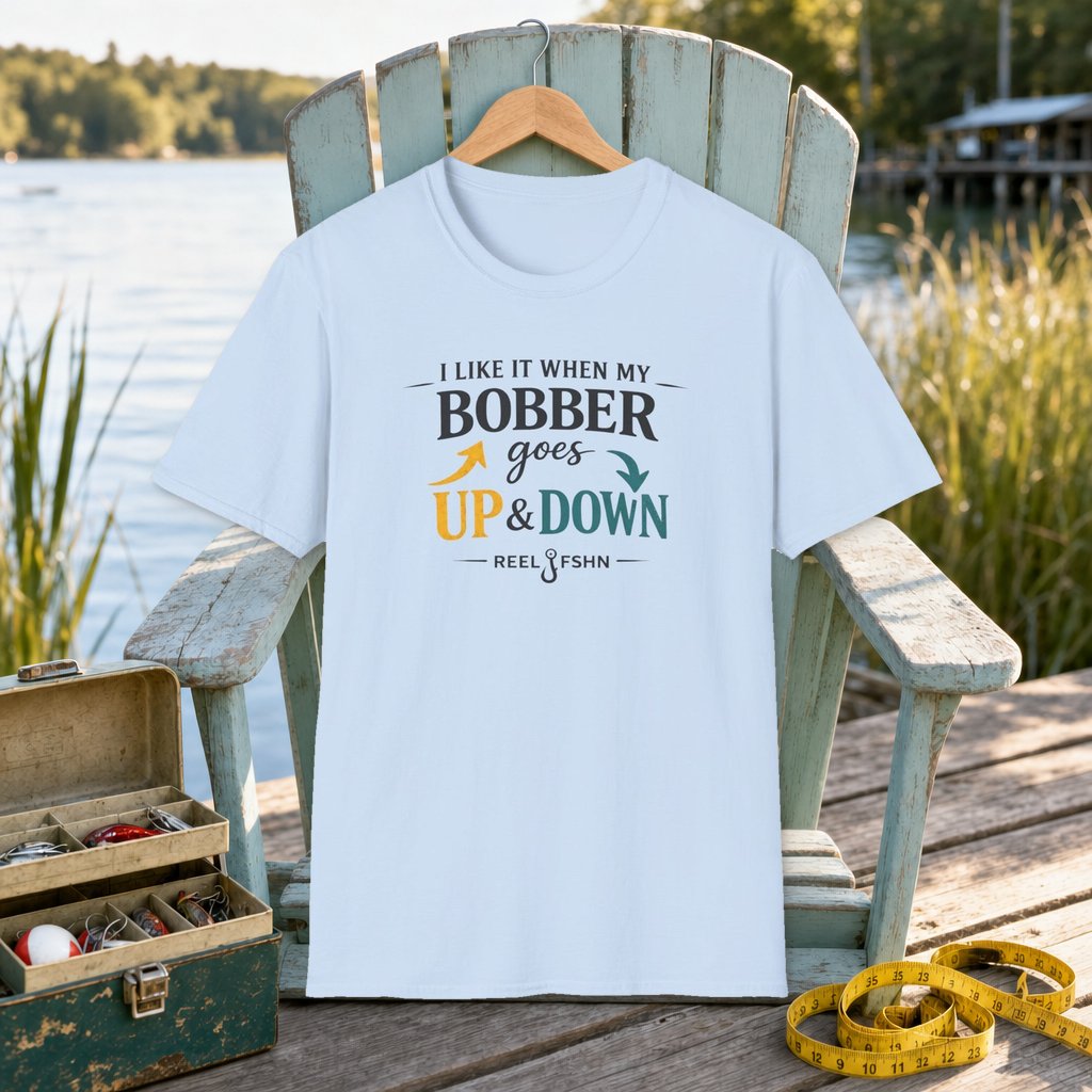 I Like It When My Bobber Goes Up & Down  T-Shirt on a hanger on a seafoam fishing chair beside a lake, tackle box, and measuring tape