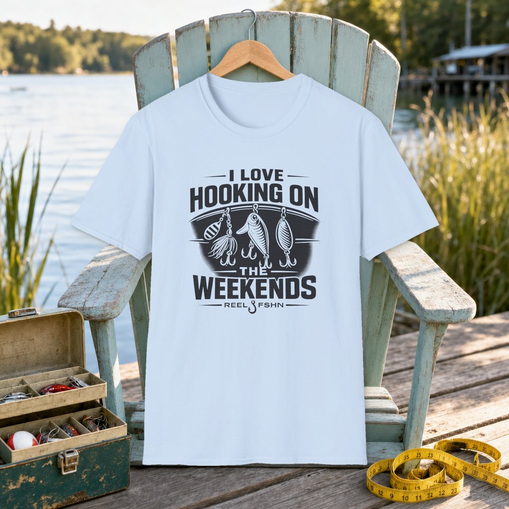 I love Hooking On The Weekends  T-Shirt on a hanger on a seafoam fishing chair beside a lake, tackle box, and measuring tape