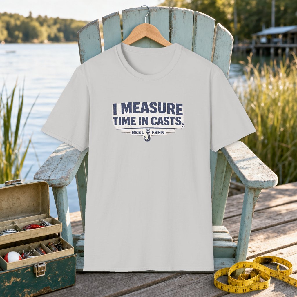 I Measure Time In Casts T-Shirt on a hanger on a seafoam fishing chair beside a lake, tackle box, and measuring tape