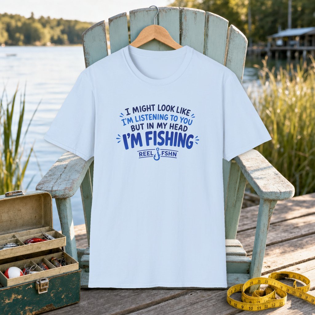 I Might Look Like I'm Listening To You  T-Shirt on a hanger on a seafoam fishing chair beside a lake, tackle box, and measuring tape