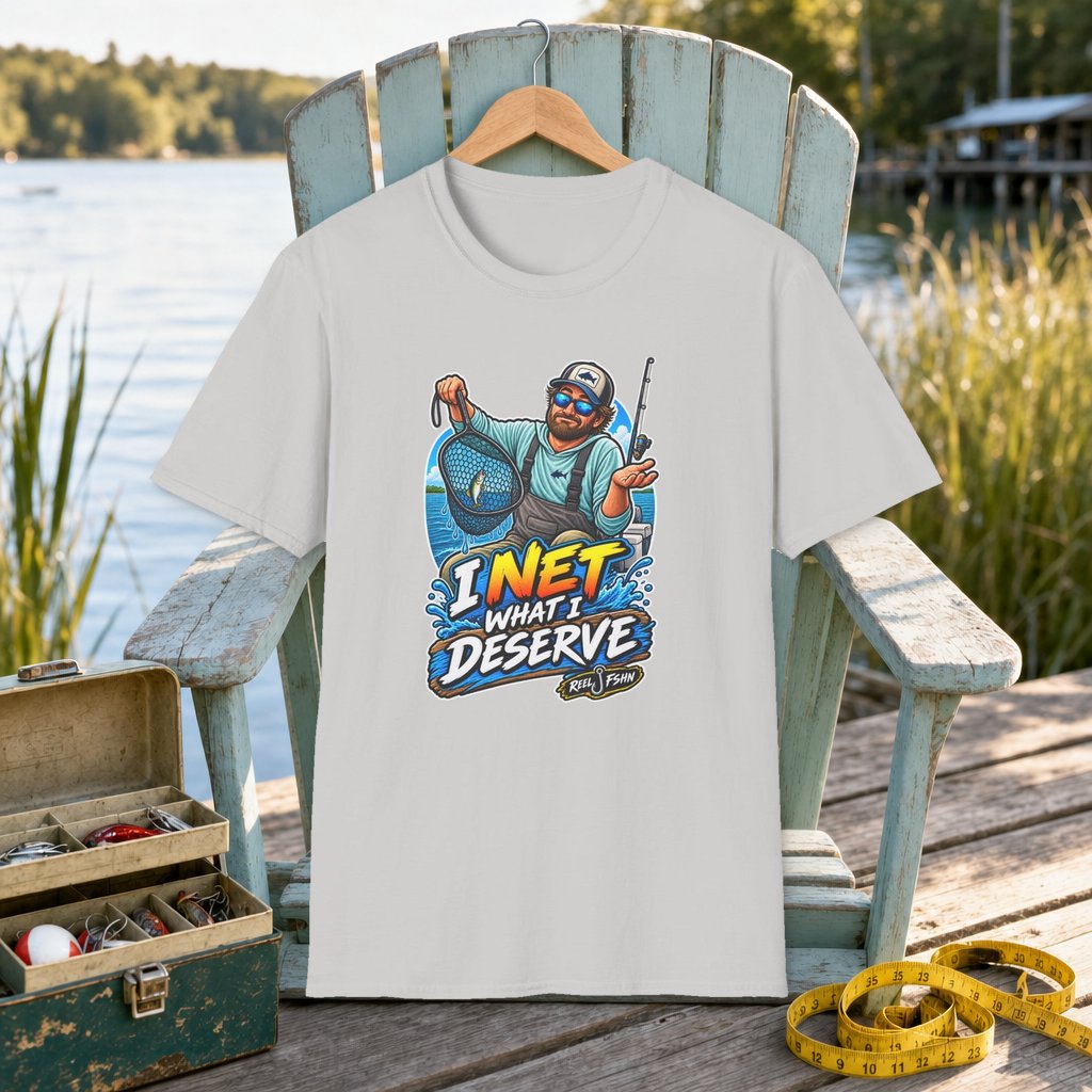 I Net What I Deserve T-Shirt on a hanger on a seafoam fishing chair beside a lake, tackle box, and measuring tape
