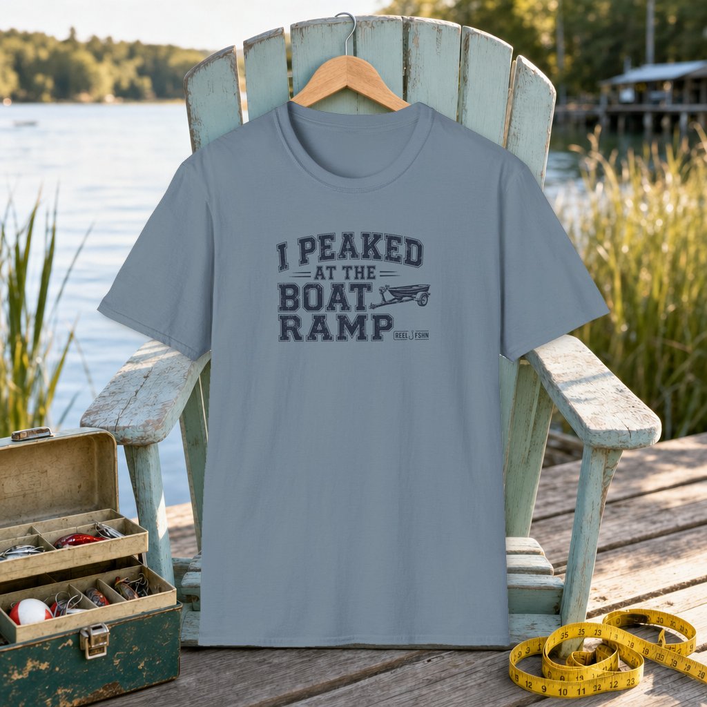 I Peaked At The Boat Ramp T-Shirt on a hanger on a seafoam fishing chair beside a lake, tackle box, and measuring tape
