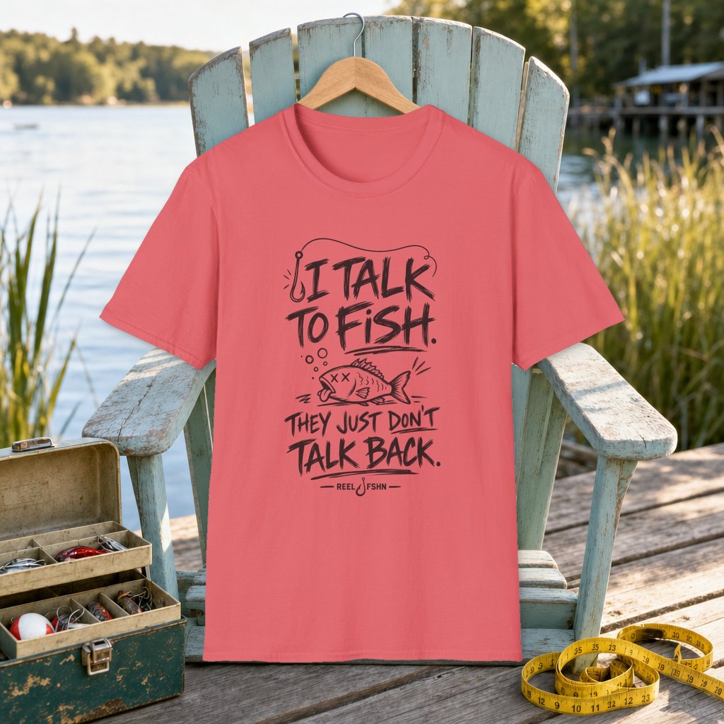 I Talk To Fish T-Shirt on a hanger on a seafoam fishing chair beside a lake, tackle box, and measuring tape