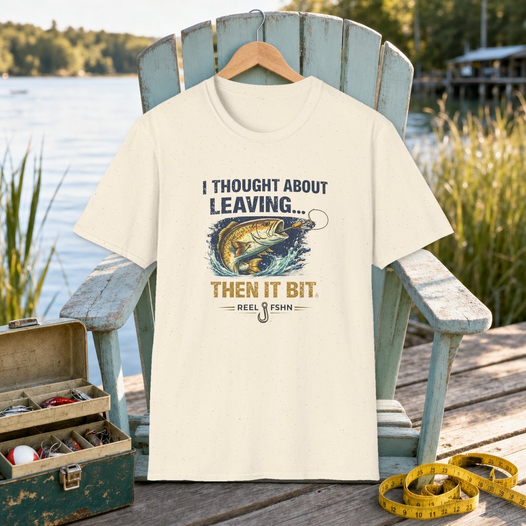 I Thought About Leaving, Then It Bit. T-Shirt on a hanger on a seafoam fishing chair beside a lake, tackle box, and measuring tape
