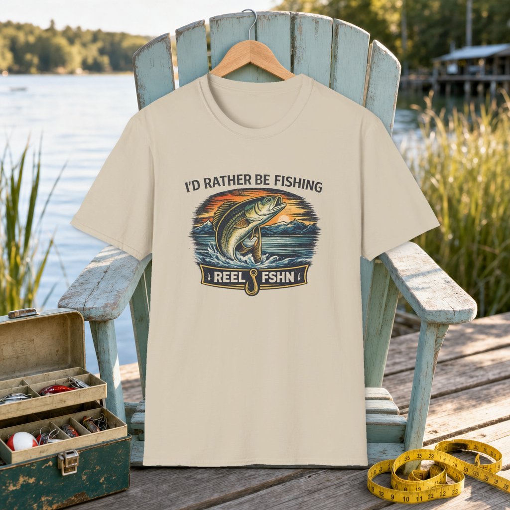 I'D Rather Be Fishing T-Shirt on a hanger on a seafoam fishing chair beside a lake, tackle box, and measuring tape