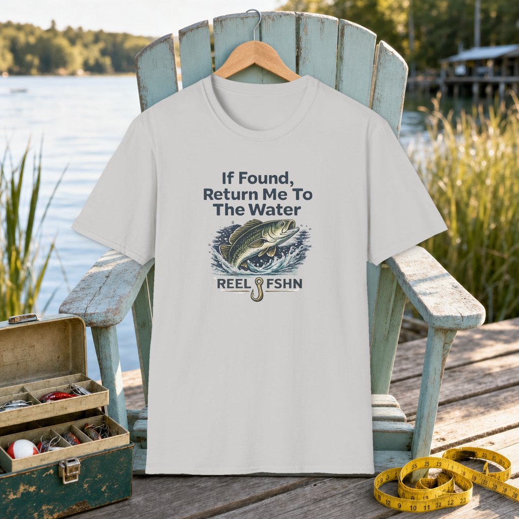 If Found, Return Me To The Water T-Shirt on a hanger on a seafoam fishing chair beside a lake, tackle box, and measuring tape