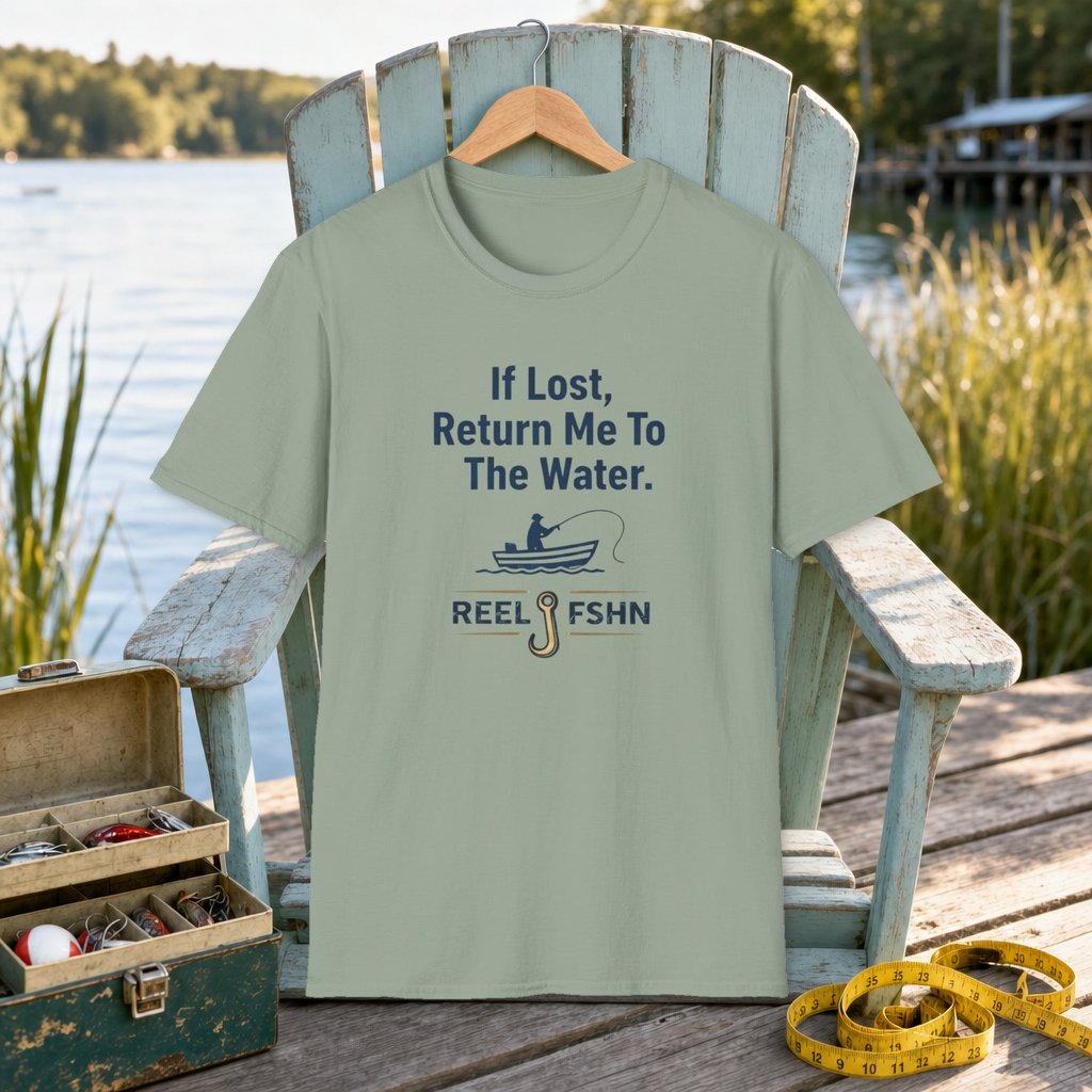 If Lost, Return Me To The Water T-Shirt on a hanger on a seafoam fishing chair beside a lake, tackle box, and measuring tape
