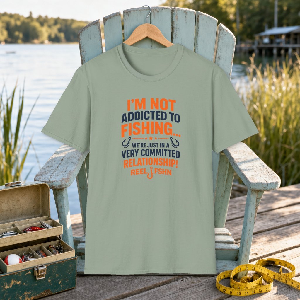 I'm Not Addicted To Fishing  T-Shirt on a hanger on a seafoam fishing chair beside a lake, tackle box, and measuring tape