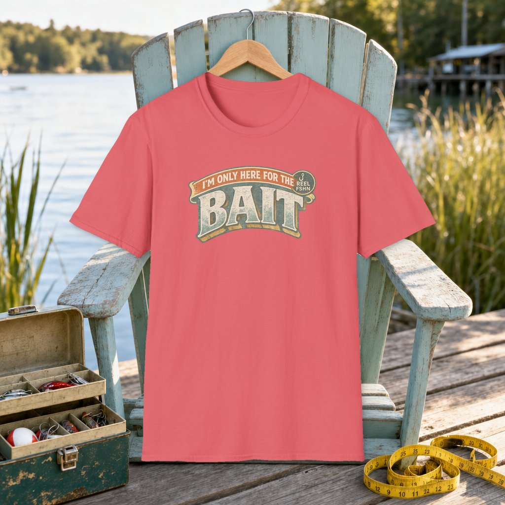 I'm Only Here For The BAIT T-Shirt on a hanger on a seafoam fishing chair beside a lake, tackle box, and measuring tape