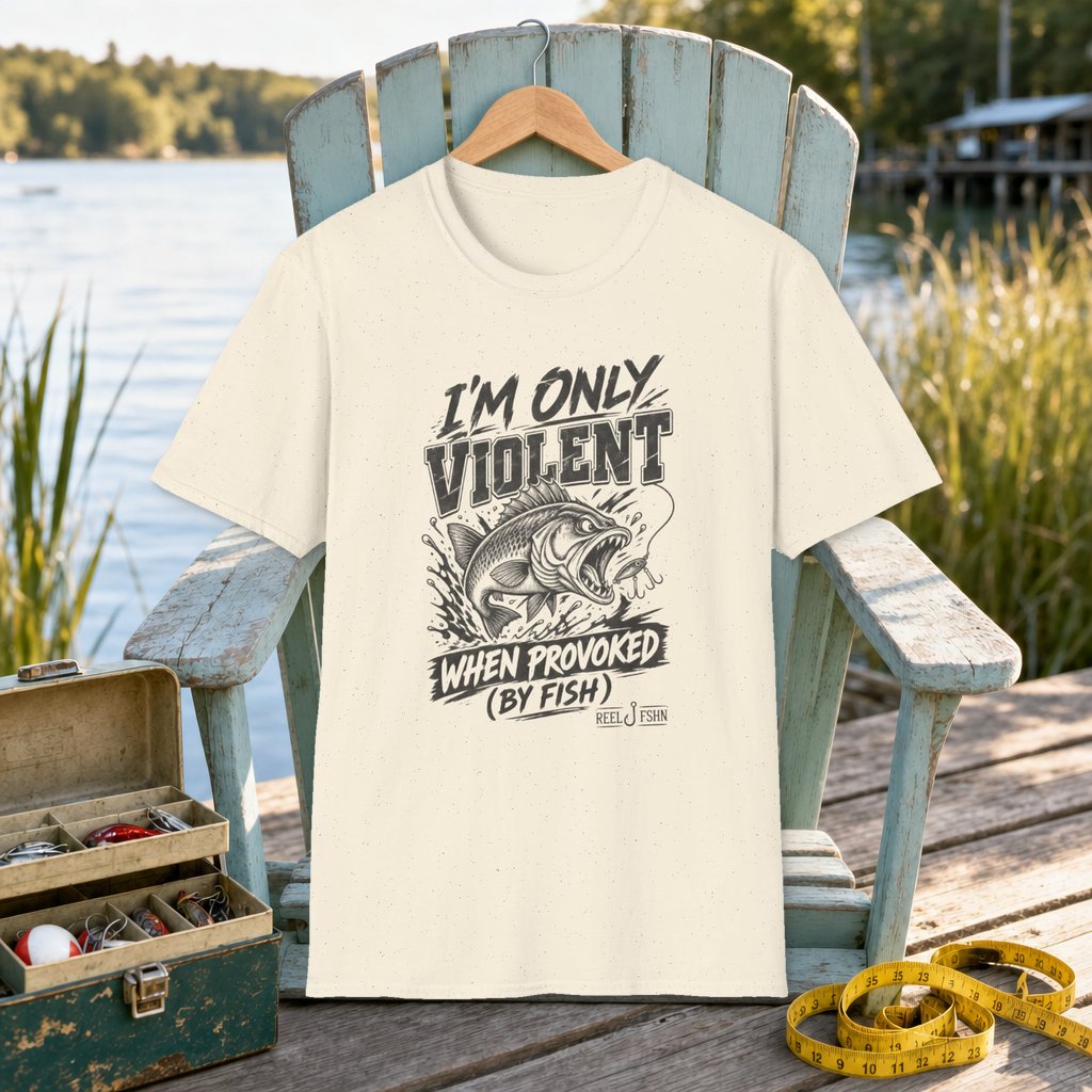 I'm Only Violent When Provoked By Fish T-Shirt on a hanger on a seafoam fishing chair beside a lake, tackle box, and measuring tape
