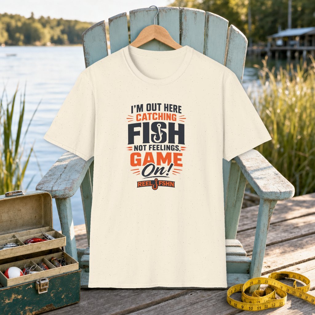 I'M Out Here Catching Fish Not Feelings Game On  T-Shirt on a hanger on a seafoam fishing chair beside a lake, tackle box, and measuring tape