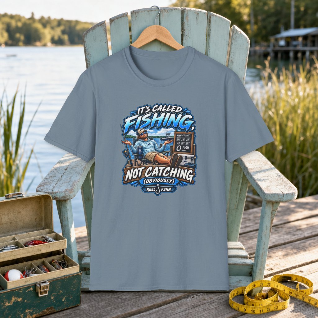 It's Called Fishing Not Catching T-Shirt on a hanger on a seafoam fishing chair beside a lake, tackle box, and measuring tape