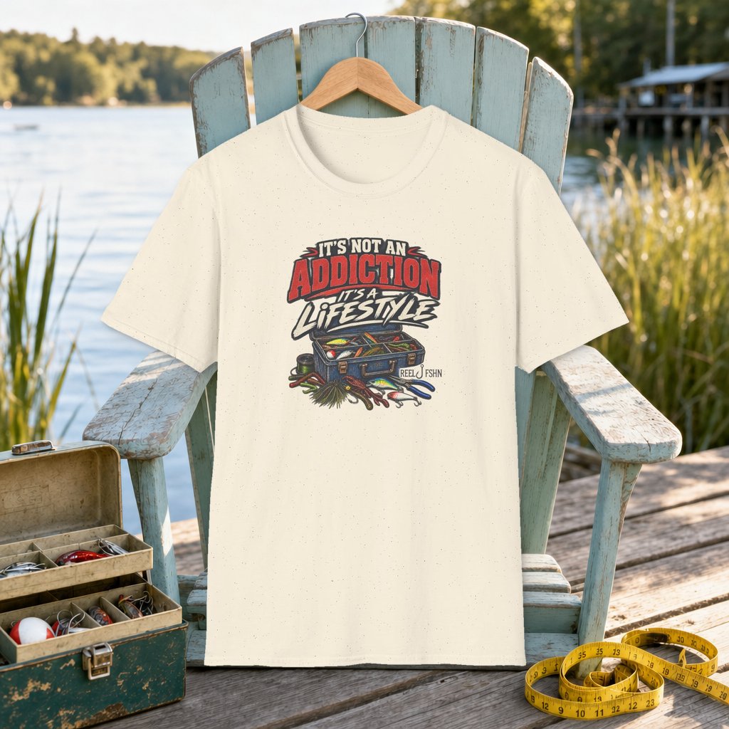 It's Not An Addiction, It's A Lifestyle T-Shirt on a hanger on a seafoam fishing chair beside a lake, tackle box, and measuring tape