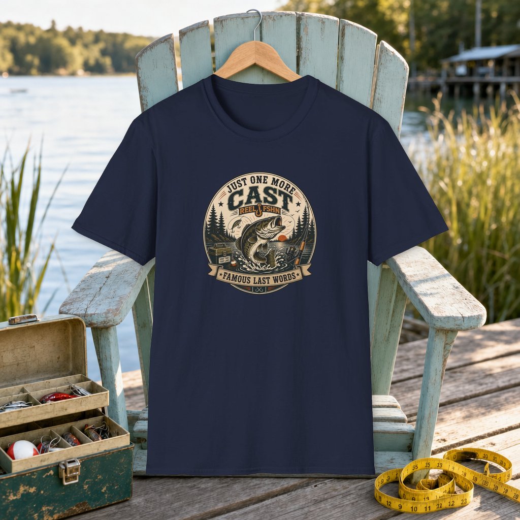Just One More Cast T-Shirt on a hanger on a seafoam fishing chair beside a lake, tackle box, and measuring tape