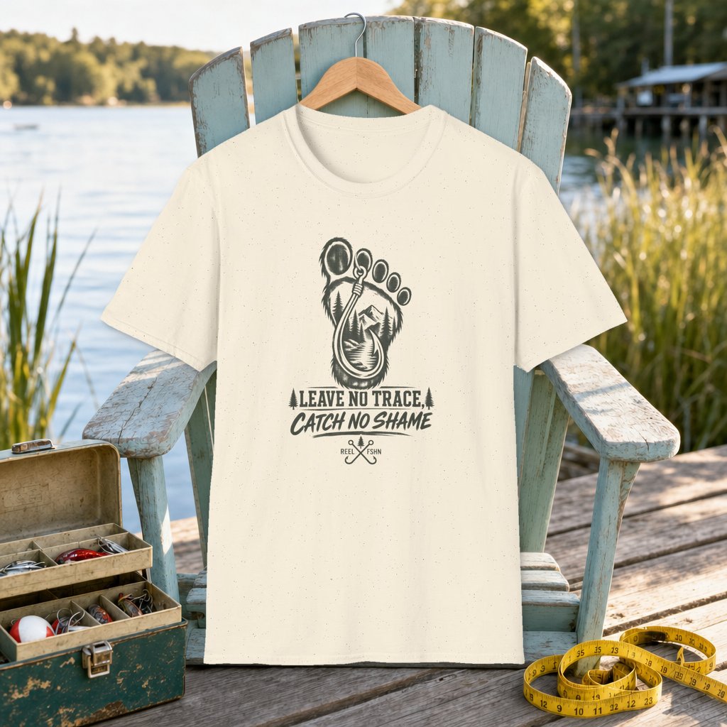 Leave No Trace. Catch No Shame T-Shirt on a hanger on a seafoam fishing chair beside a lake, tackle box, and measuring tape