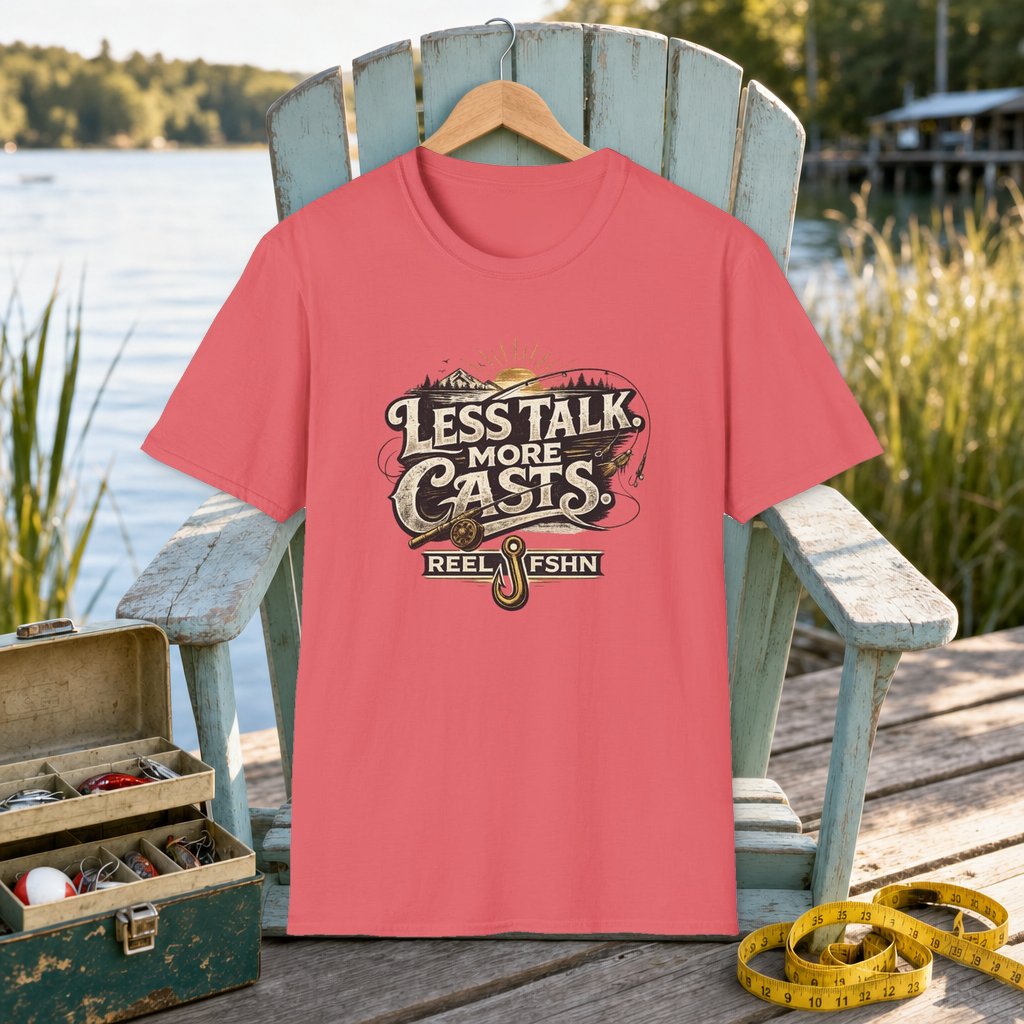 Less Talk More Casts T-Shirt on a hanger on a seafoam fishing chair beside a lake, tackle box, and measuring tape