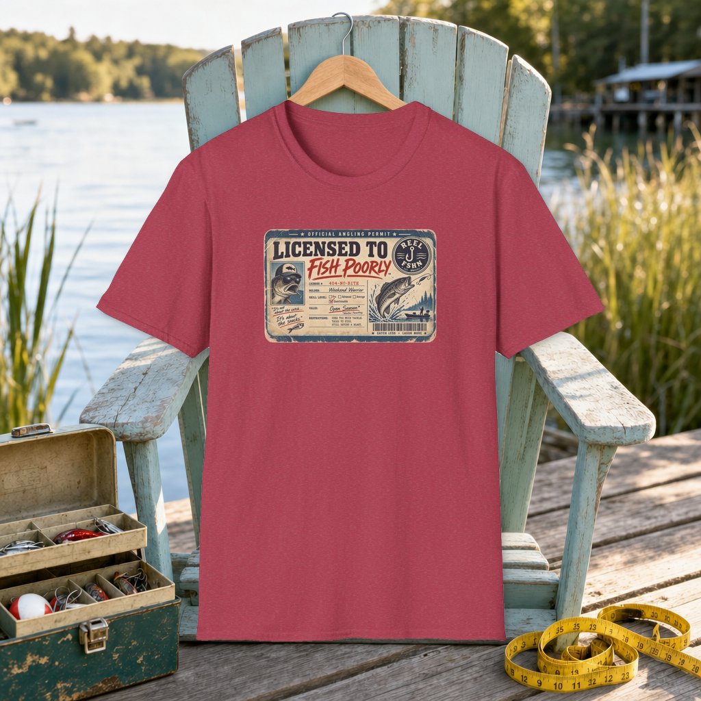 Licensed To Fish Poorly T-Shirt on a hanger on a seafoam fishing chair beside a lake, tackle box, and measuring tape