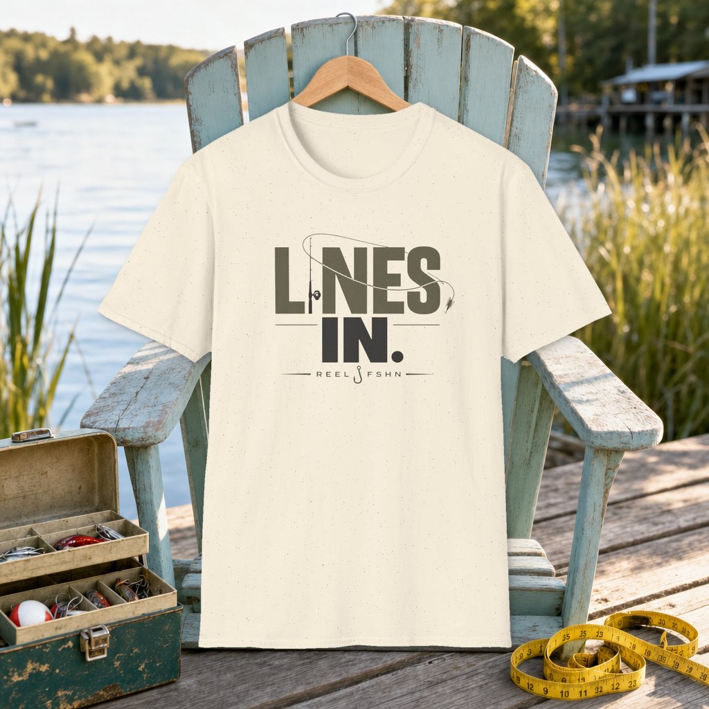 Lines In T-Shirt on a hanger on a seafoam fishing chair beside a lake, tackle box, and measuring tape