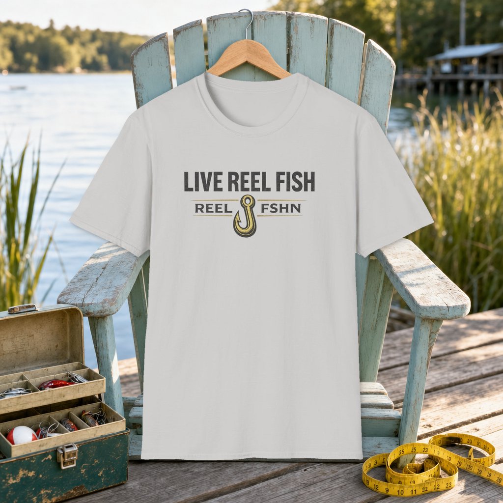Live Reel Fish T-Shirt on a hanger on a seafoam fishing chair beside a lake, tackle box, and measuring tape