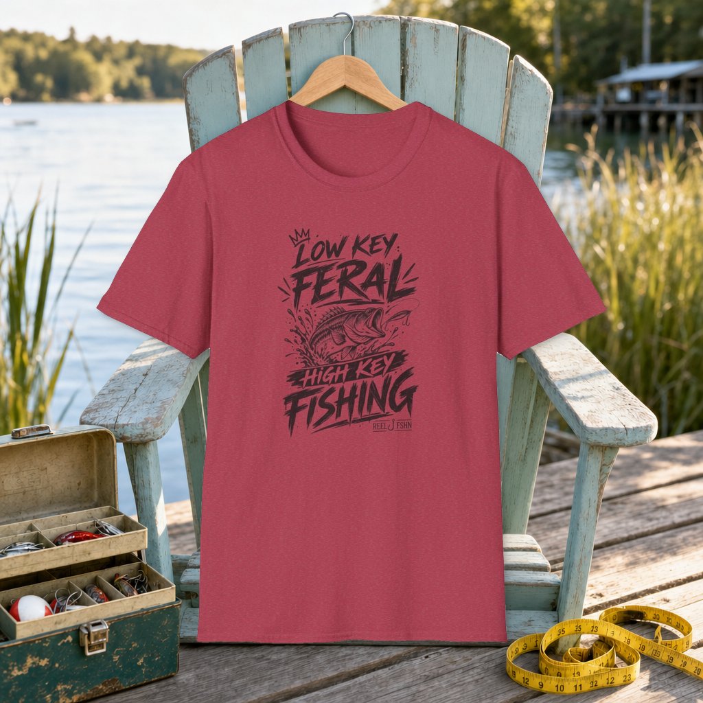 Low Key Feral, High Key Fishing T-Shirt on a hanger on a seafoam fishing chair beside a lake, tackle box, and measuring tape