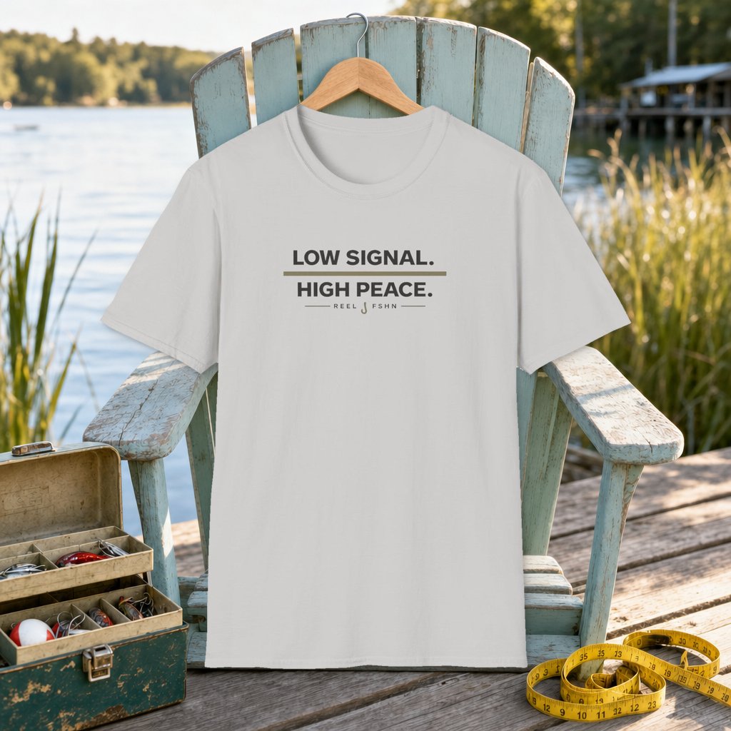 Low Signal. High Peace. T-Shirt on a hanger on a seafoam fishing chair beside a lake, tackle box, and measuring tape