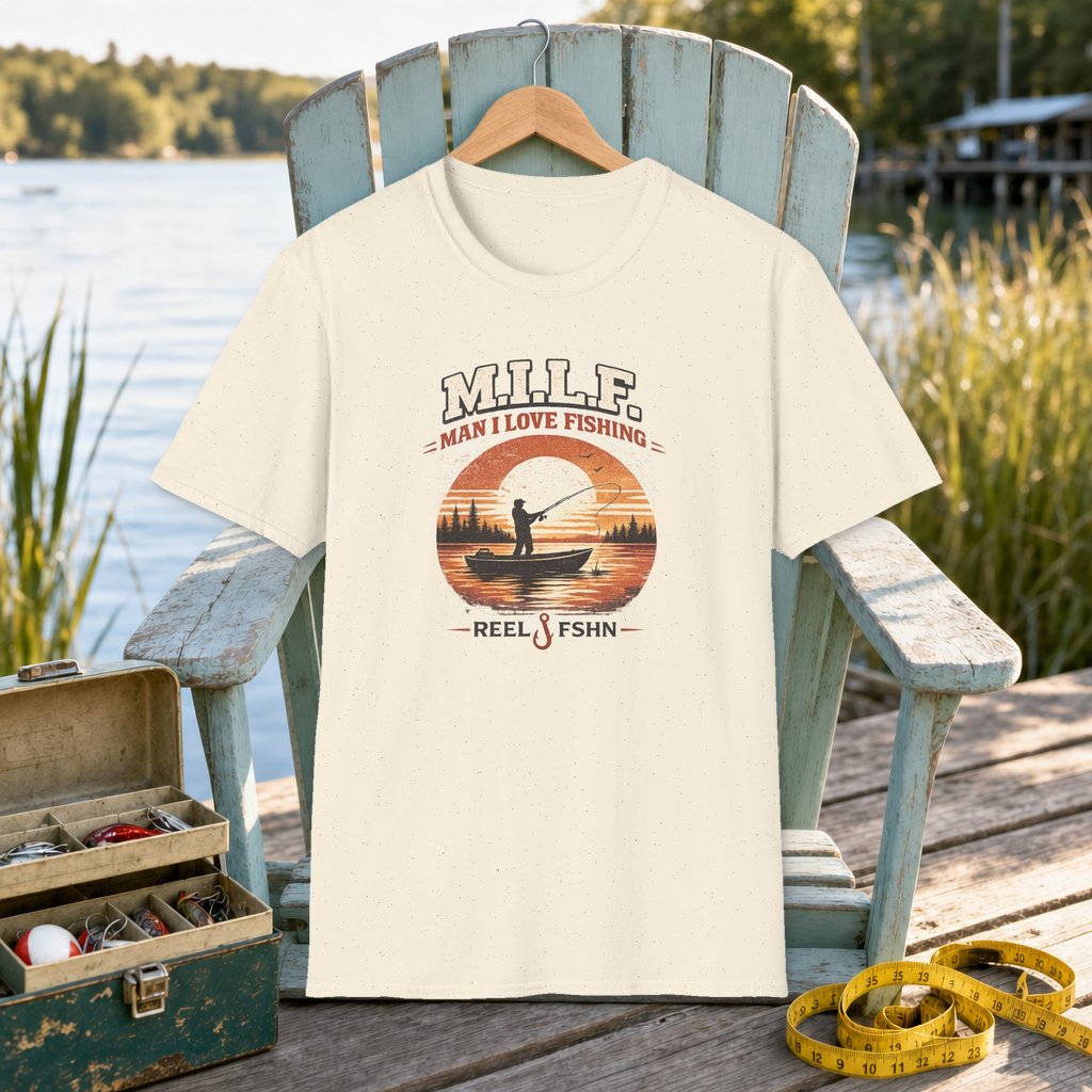M. I. L. F. Man I Love Fishing T-Shirt on a hanger on a seafoam fishing chair beside a lake, tackle box, and measuring tape