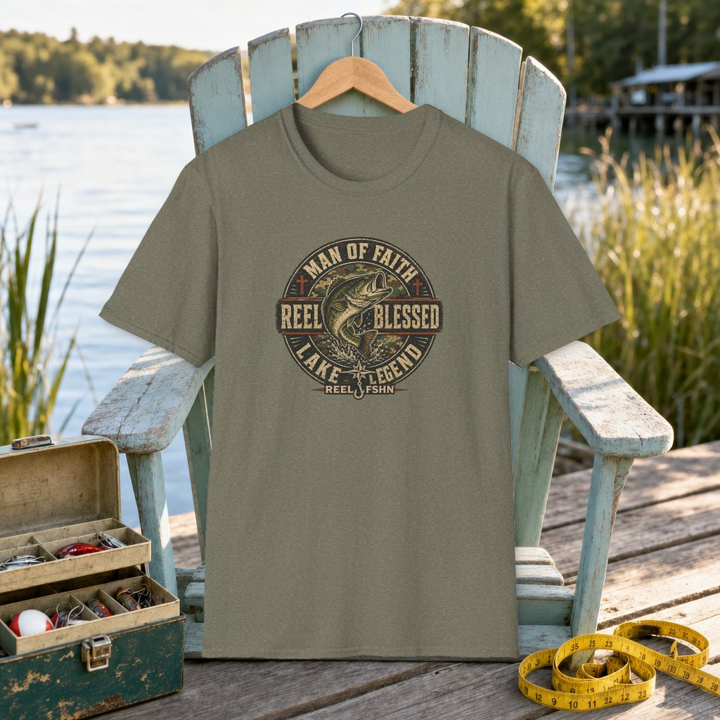 Man Of Faith T-Shirt on a hanger on a seafoam fishing chair beside a lake, tackle box, and measuring tape