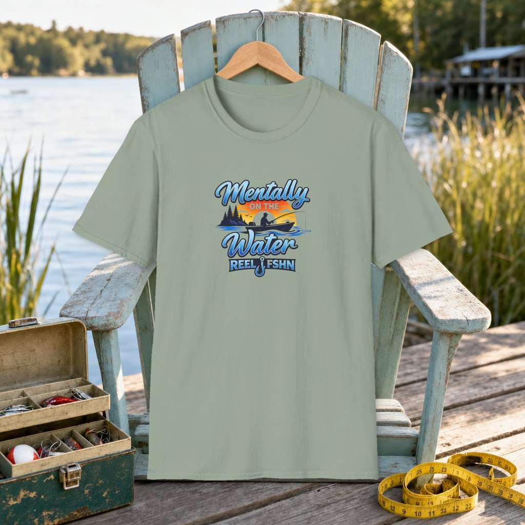Mentally On The Water T-Shirt on a hanger on a seafoam fishing chair beside a lake, tackle box, and measuring tape