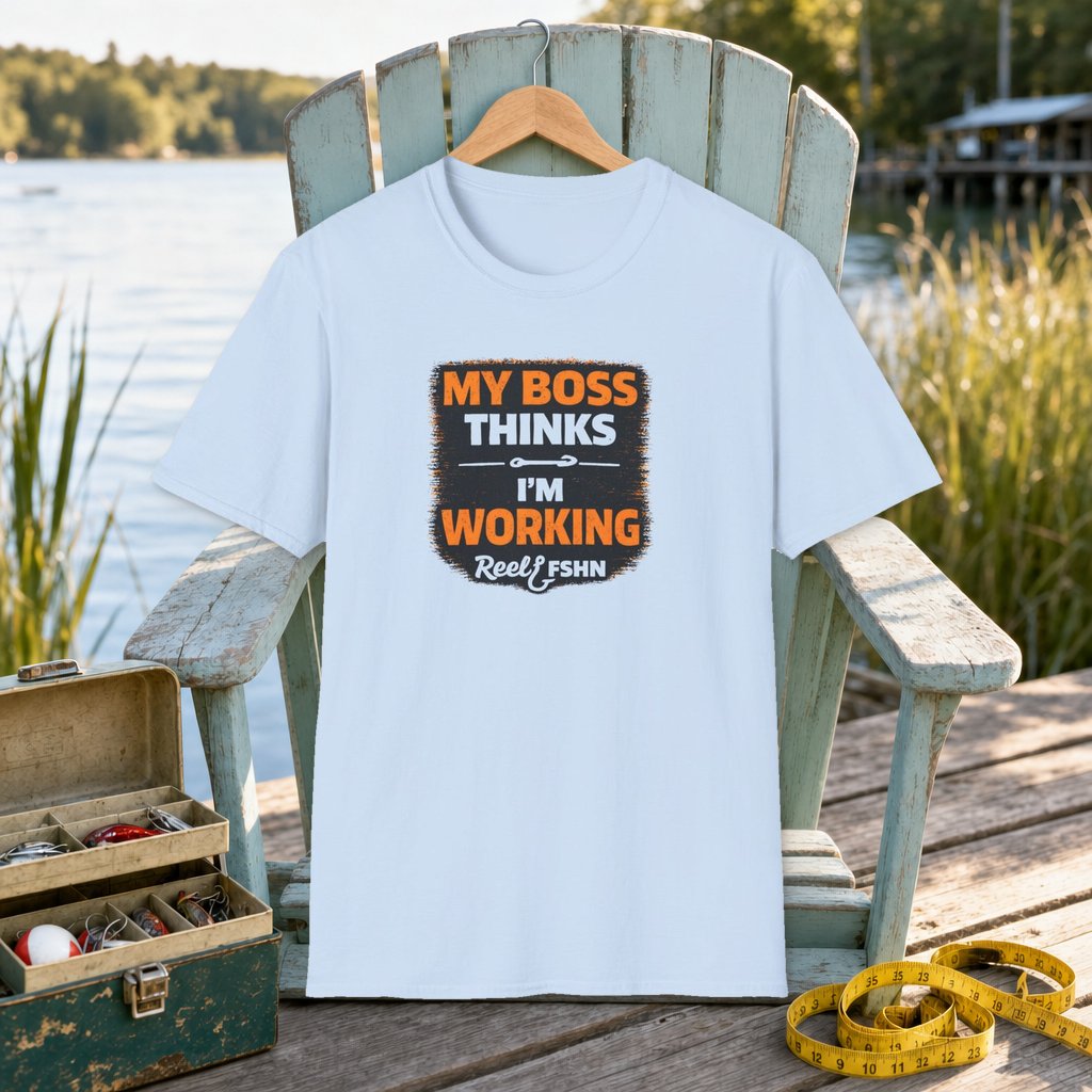 My Boss Thinks I'm Working T-Shirt on a hanger on a seafoam fishing chair beside a lake, tackle box, and measuring tape