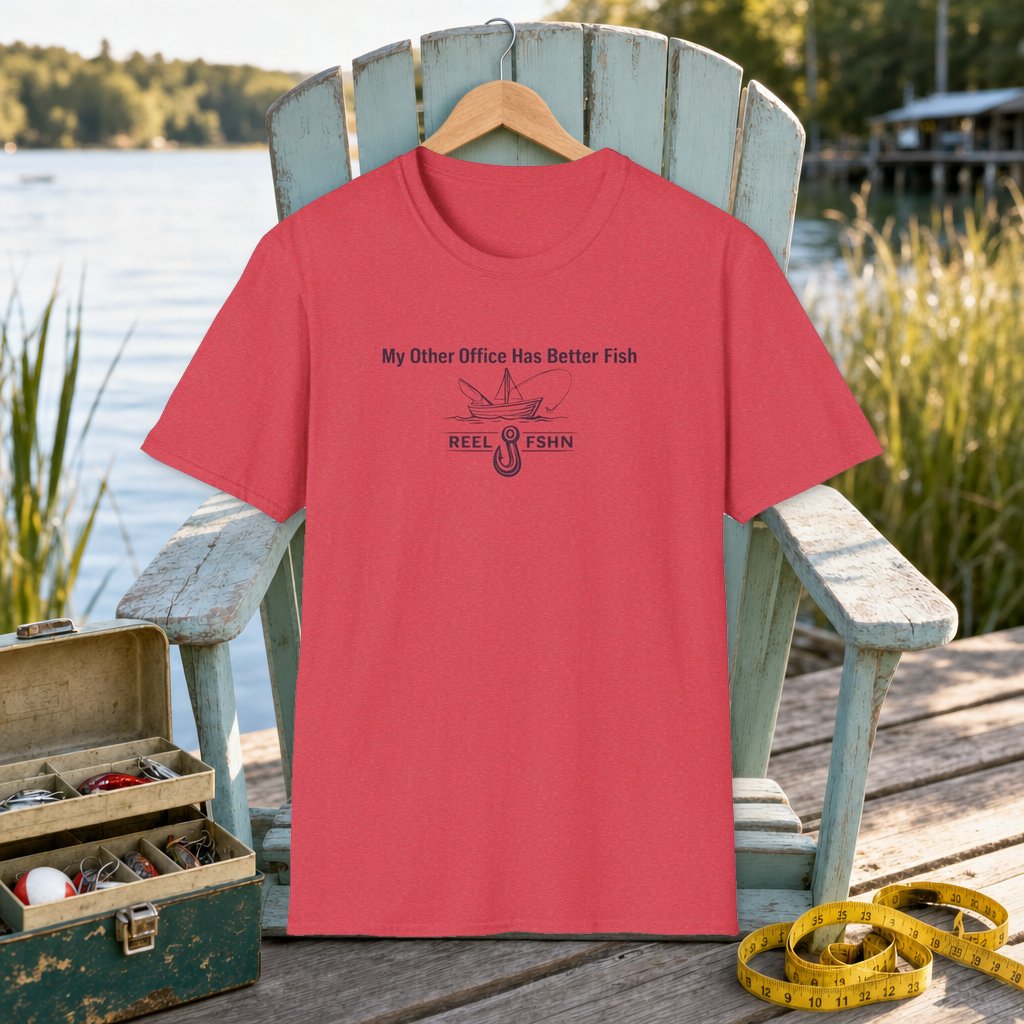 My Other Office Has Better Fish T-Shirt on a hanger on a seafoam fishing chair beside a lake, tackle box, and measuring tape